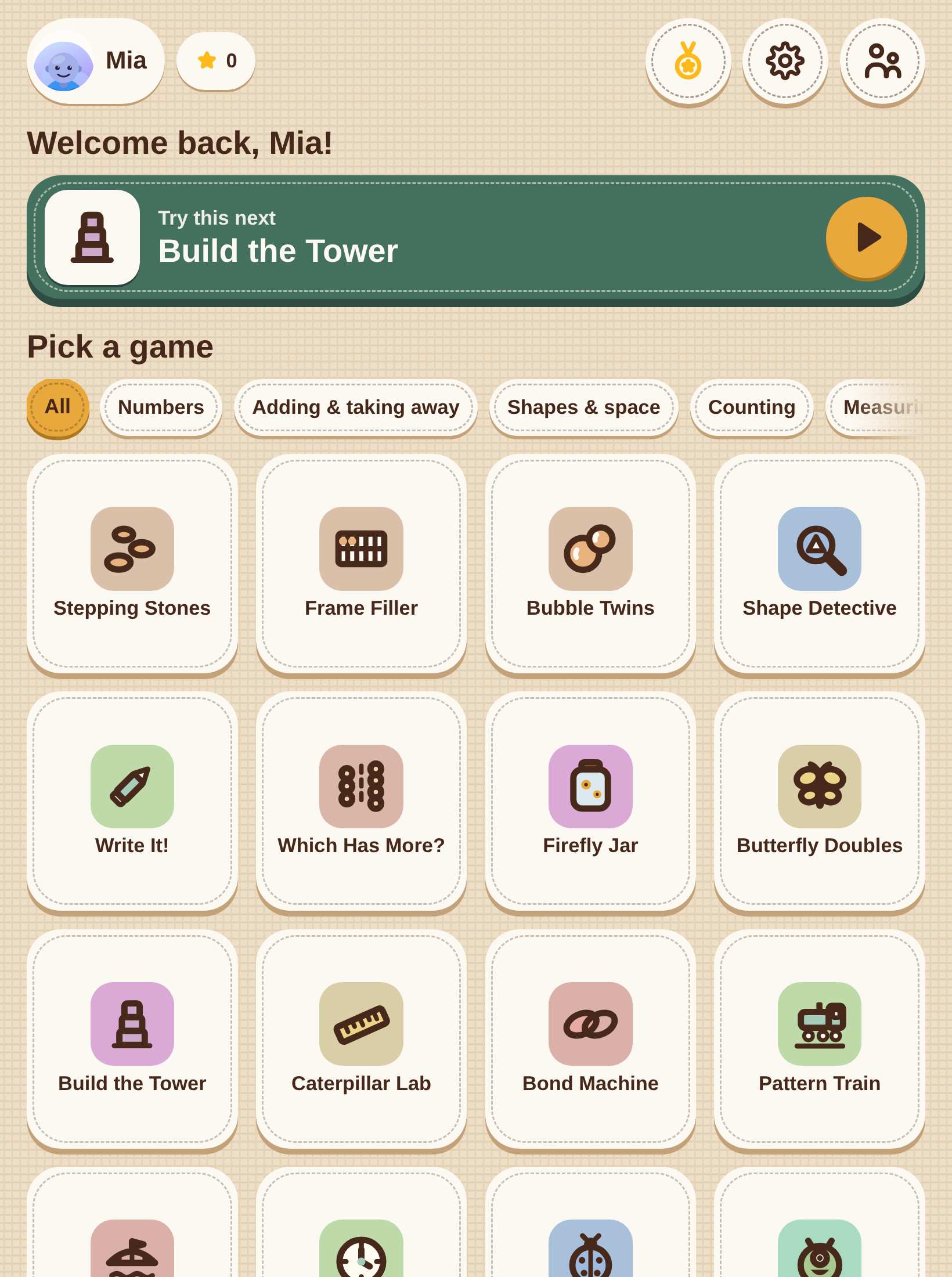 The game's home screen with the child's name and the row of games.