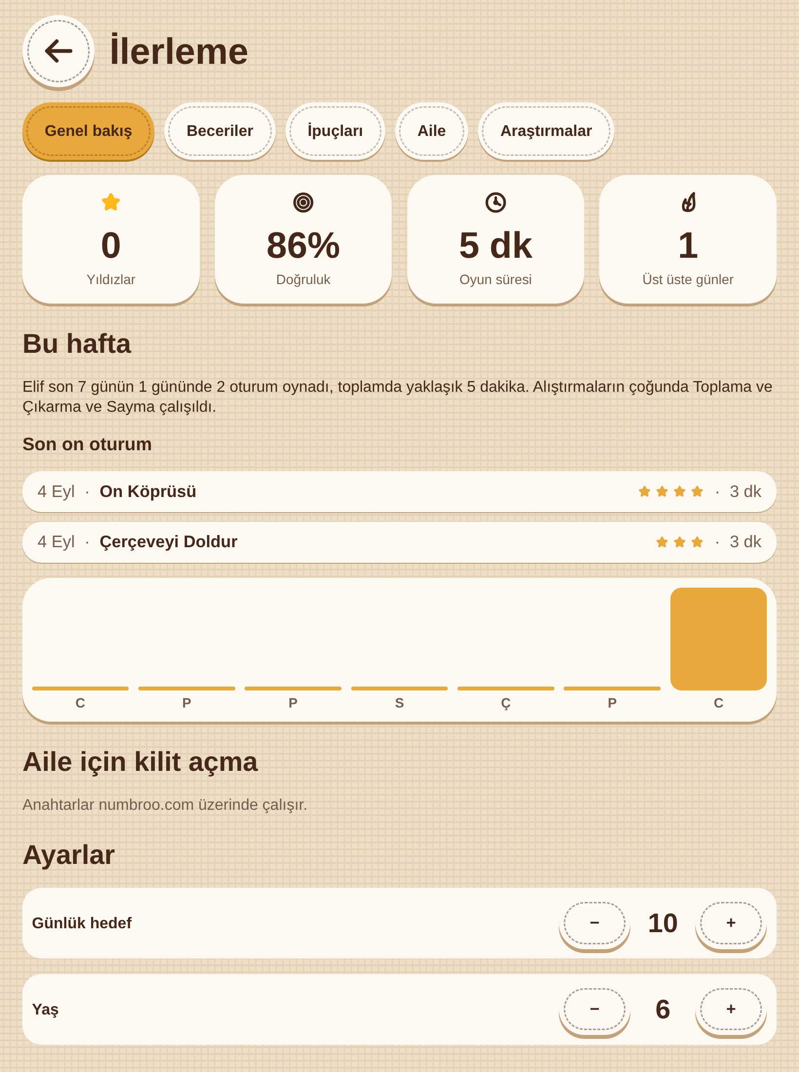 Yetişkinler bölümü: bu hafta, pekişen beceriler, birlikte yapılacak bir etkinlik.